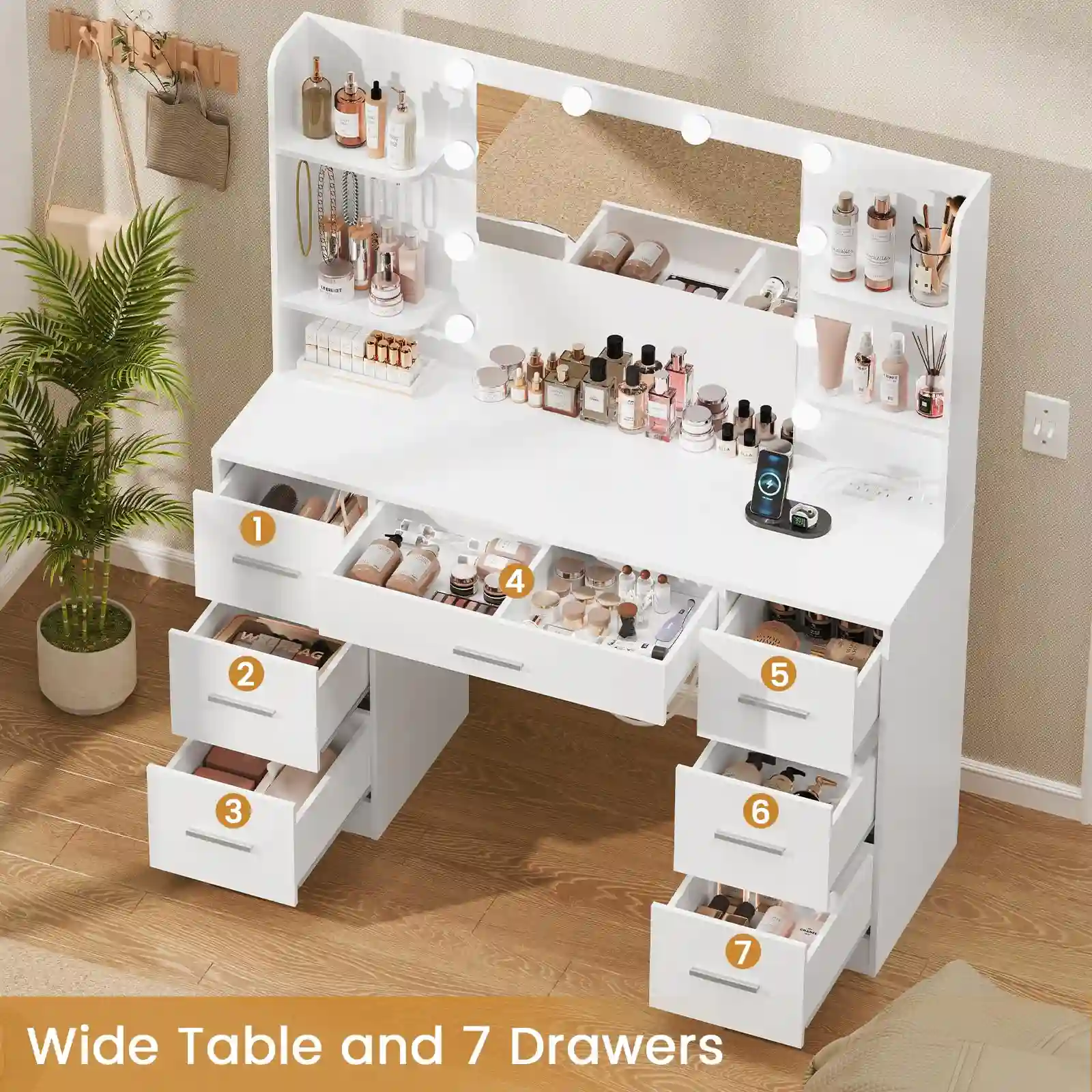 Quimoo Large Vanity Desk with LED Lighted Mirror & Power Outlet features