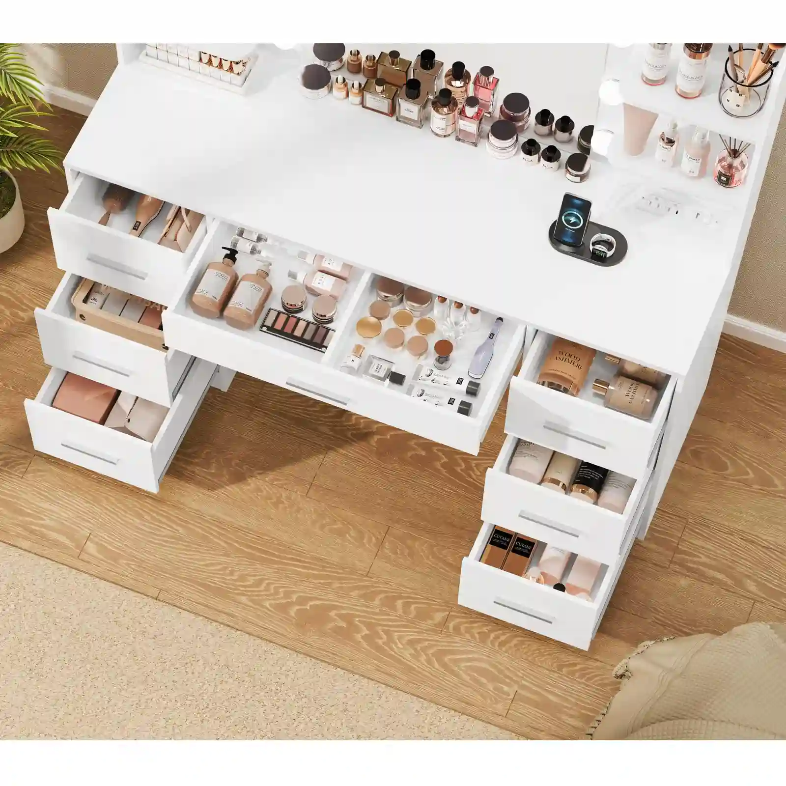 Quimoo Large Vanity Desk with LED Lighted Mirror & Power Outlet unboxing