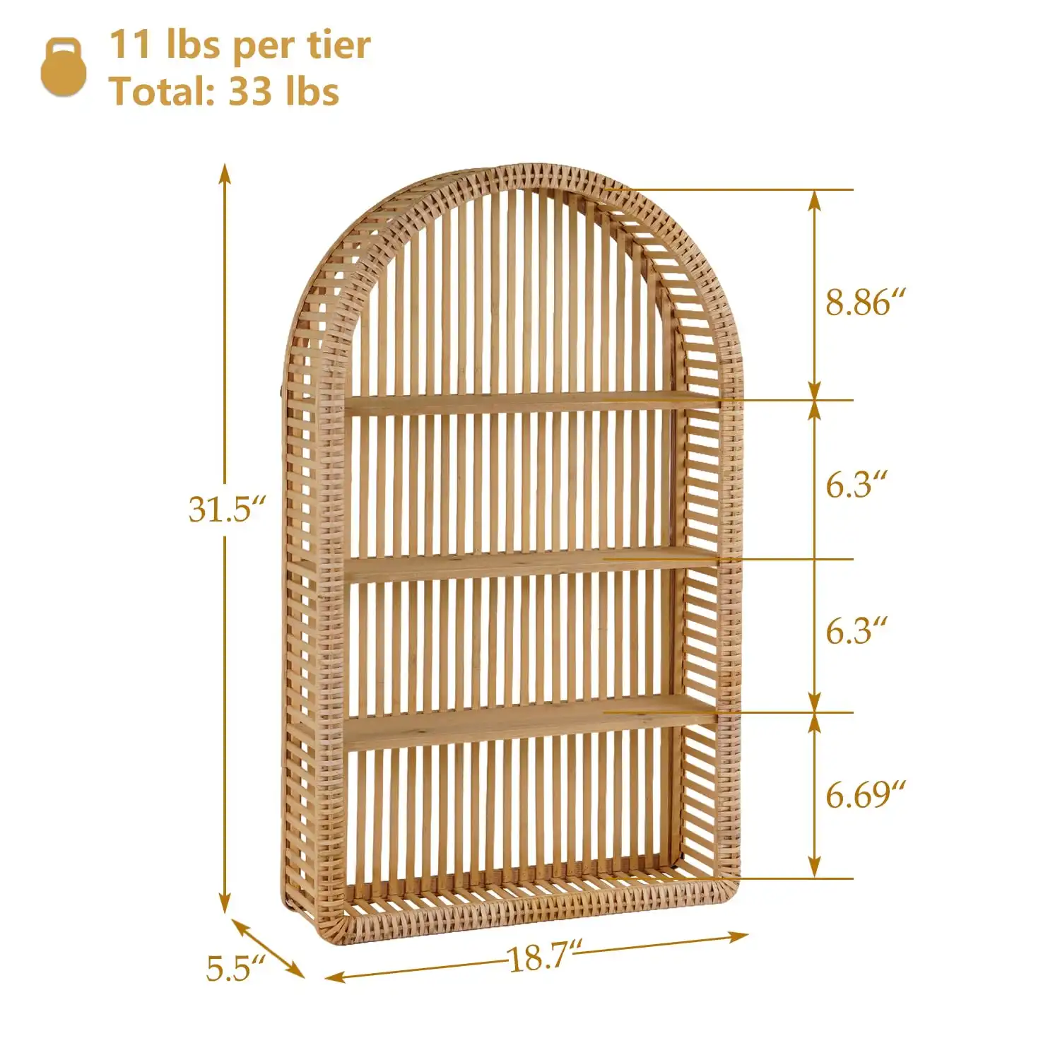 Rattan Wall Shelf – 4 Tier Boho Arch Hanging Shelves features