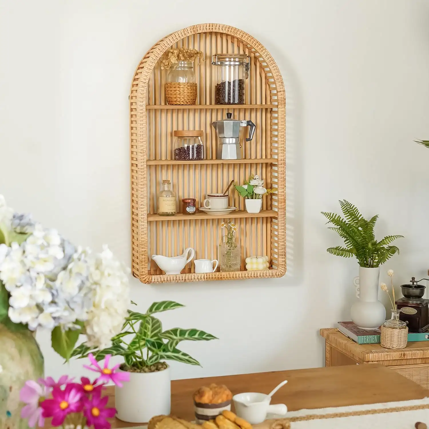 Rattan Wall Shelf – 4 Tier Boho Arch Hanging Shelves showcase