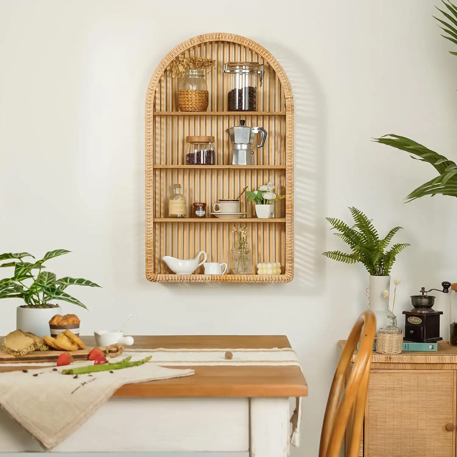 Rattan Wall Shelf – 4 Tier Boho Arch Hanging Shelves texture