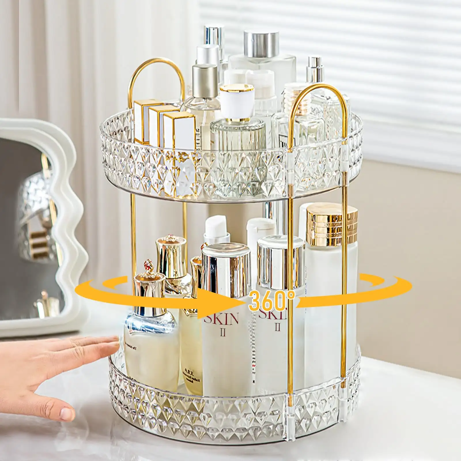 Rotating Makeup Organizer for Vanity, 2 Tier Perfume Skincare Storage detail