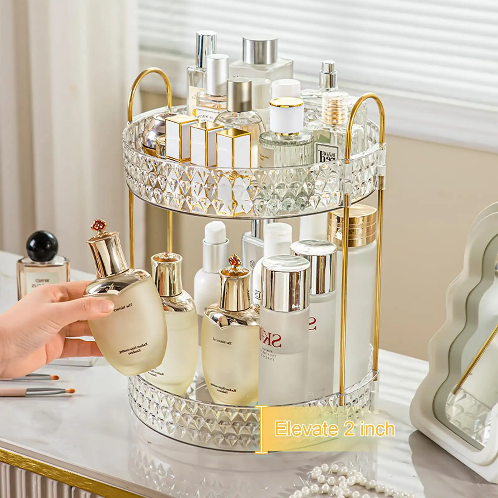 Rotating Makeup Organizer for Vanity, 2 Tier Perfume Skincare Storage features