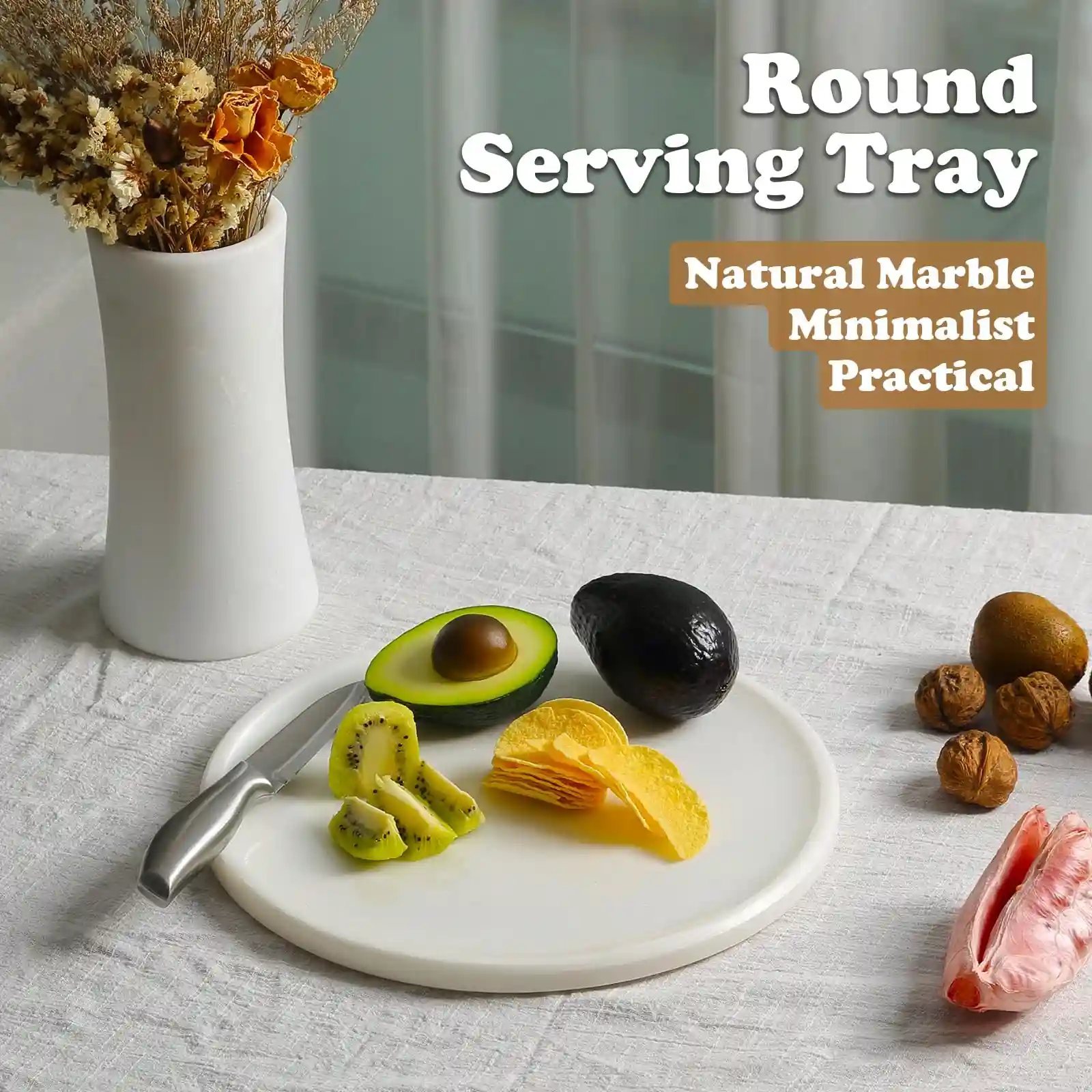 Round Marble Serving Tray for Kitchen and Coffee Table features