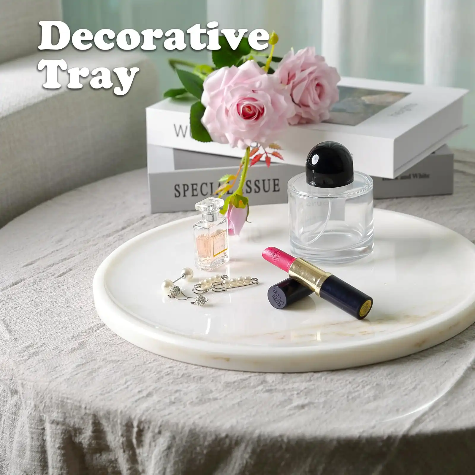 Round Marble Serving Tray for Kitchen and Coffee Table showcase