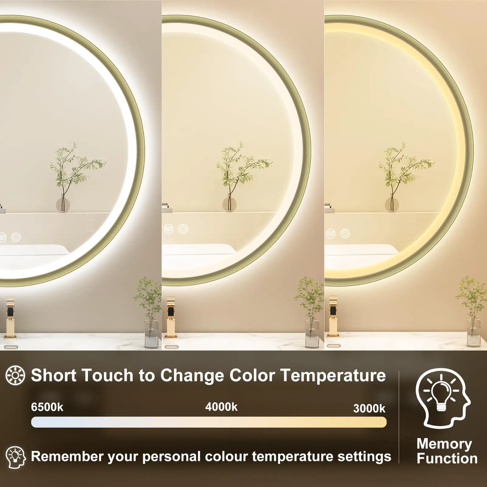 Sbagno 32″ Round Gold LED Mirror for Bathroom With Frontlit detail