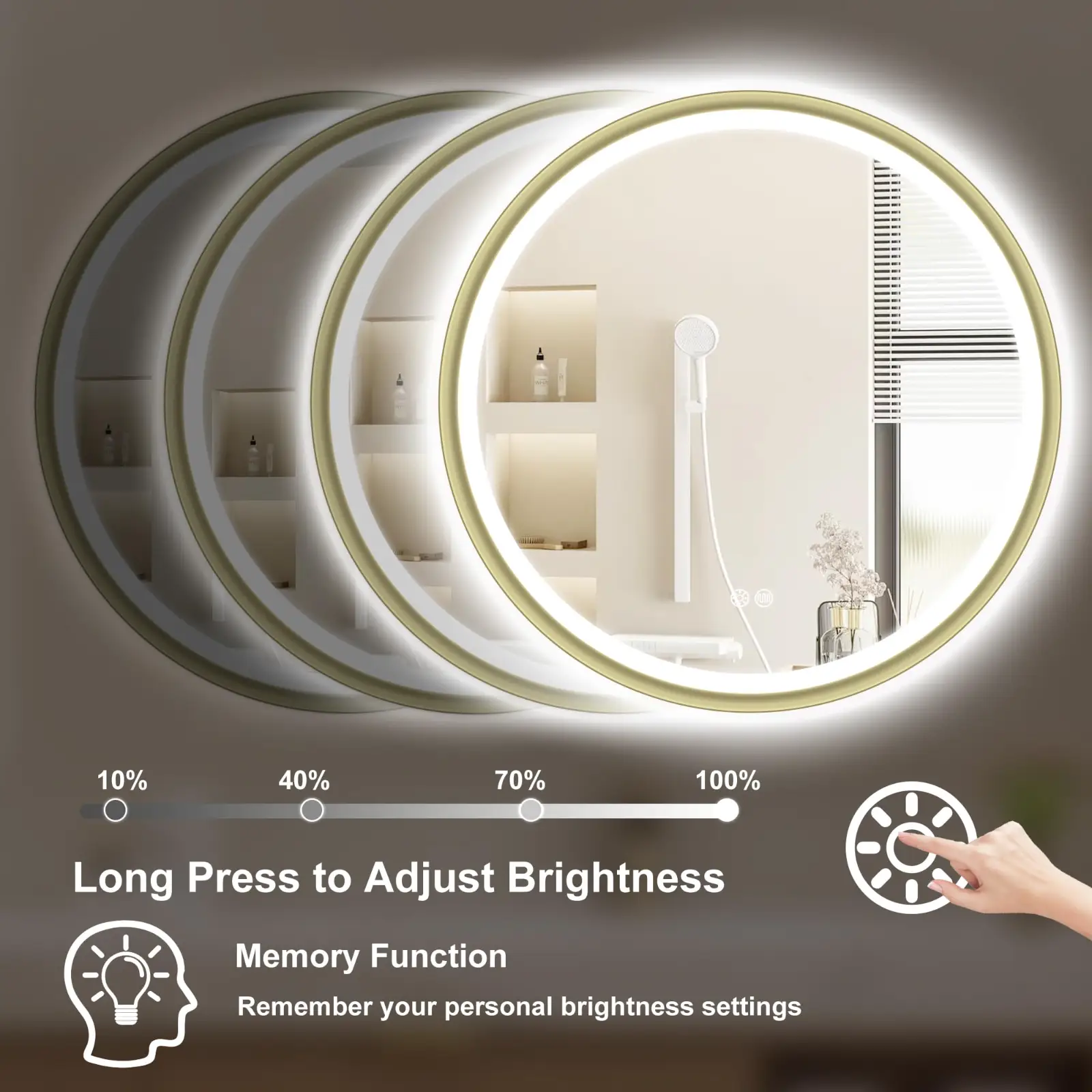 Sbagno 32″ Round Gold LED Mirror for Bathroom With Frontlit showcase