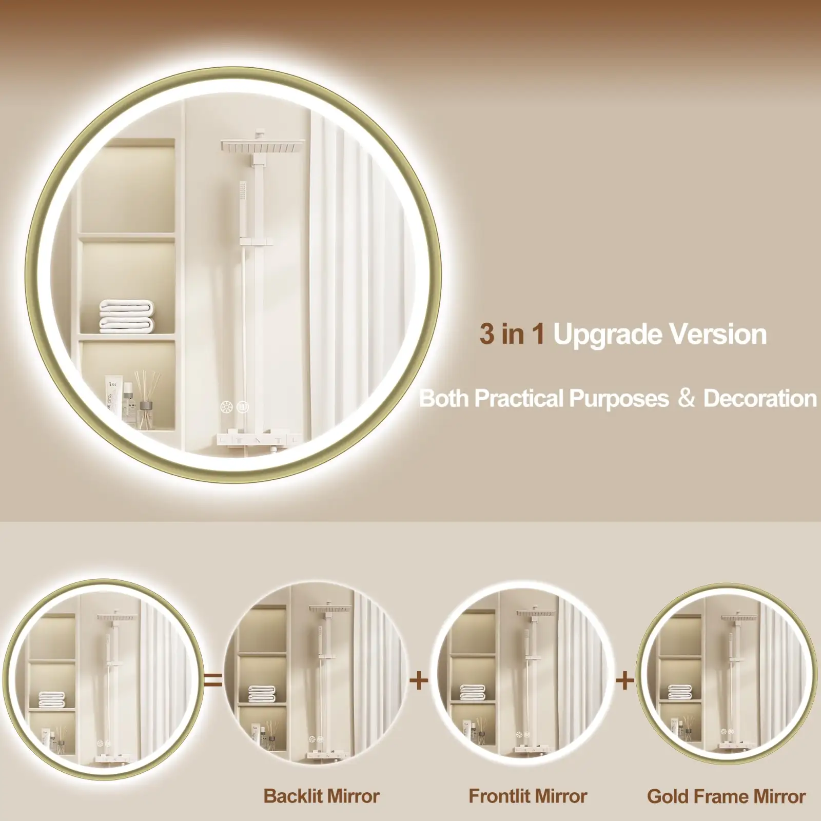 Sbagno 32″ Round Gold LED Mirror for Bathroom With Frontlit texture