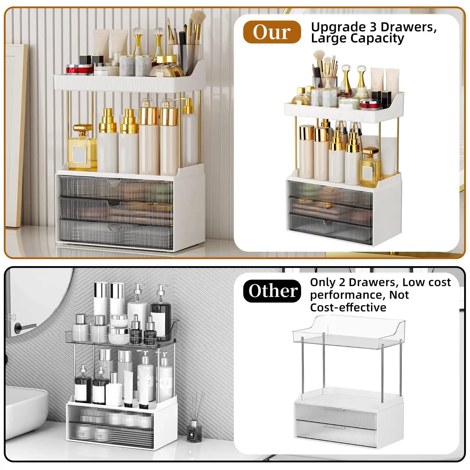 Strong 3 Drawers Bathroom Counter Organizer, 5 Tier Makeup Organizer detail