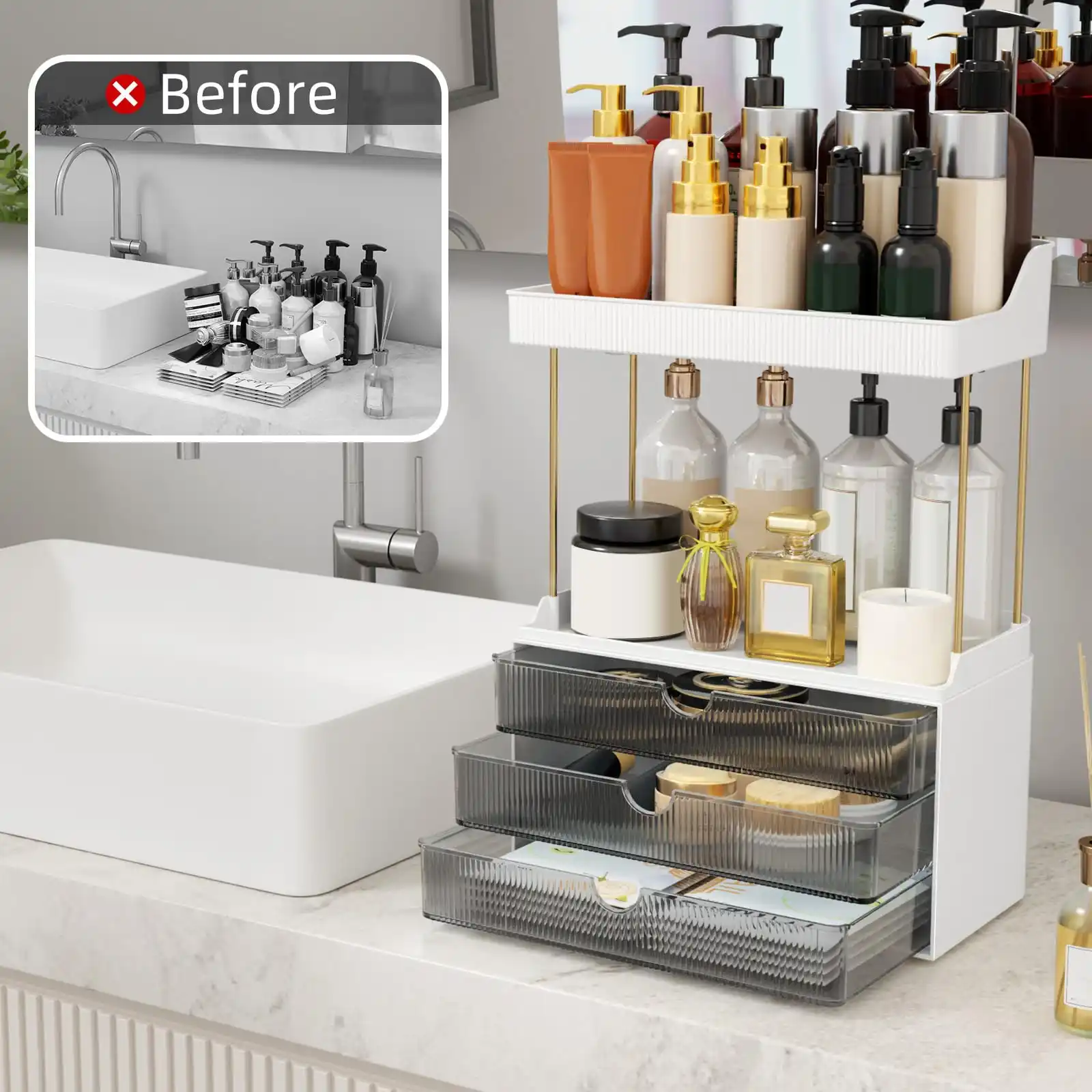 Strong 3 Drawers Bathroom Counter Organizer, 5 Tier Makeup Organizer showcase