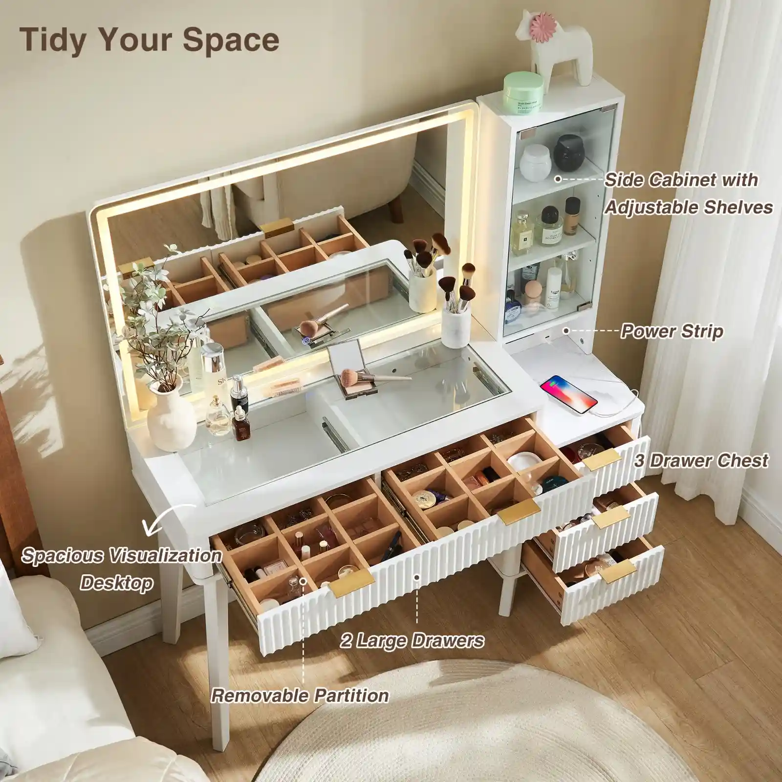 T4TREAM Fluted Makeup Vanity Desk with Large Mirror features