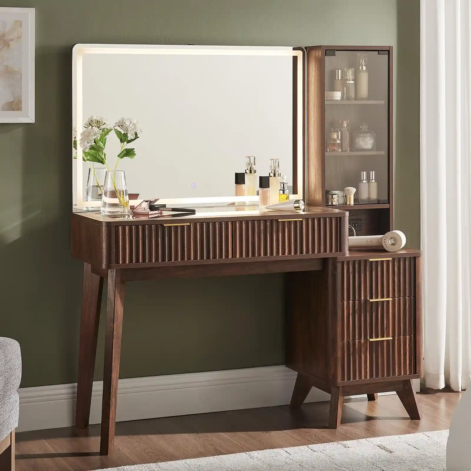 T4TREAM Fluted Makeup Vanity Desk with Large Mirror texture