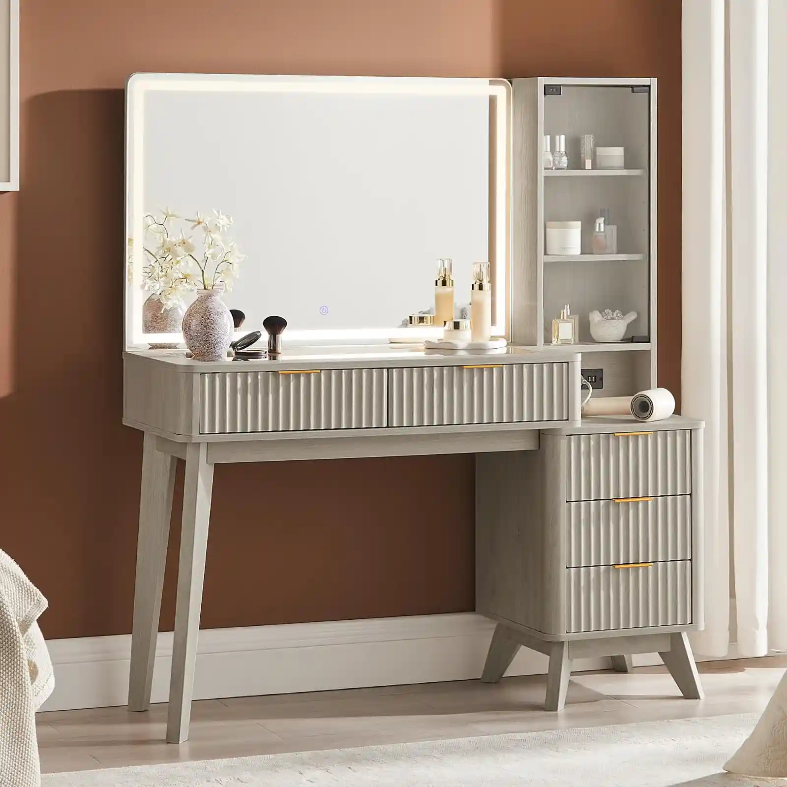 T4TREAM Fluted Makeup Vanity Desk with Large Mirror unboxing