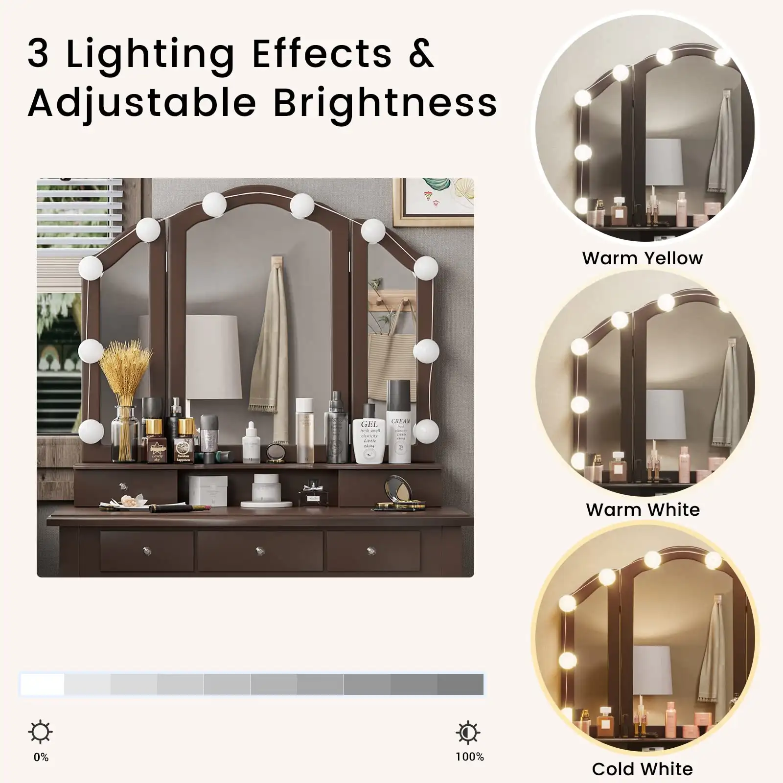 Tiptiper Vanity Desk, Makeup Vanity Set with Lighted Mirror features