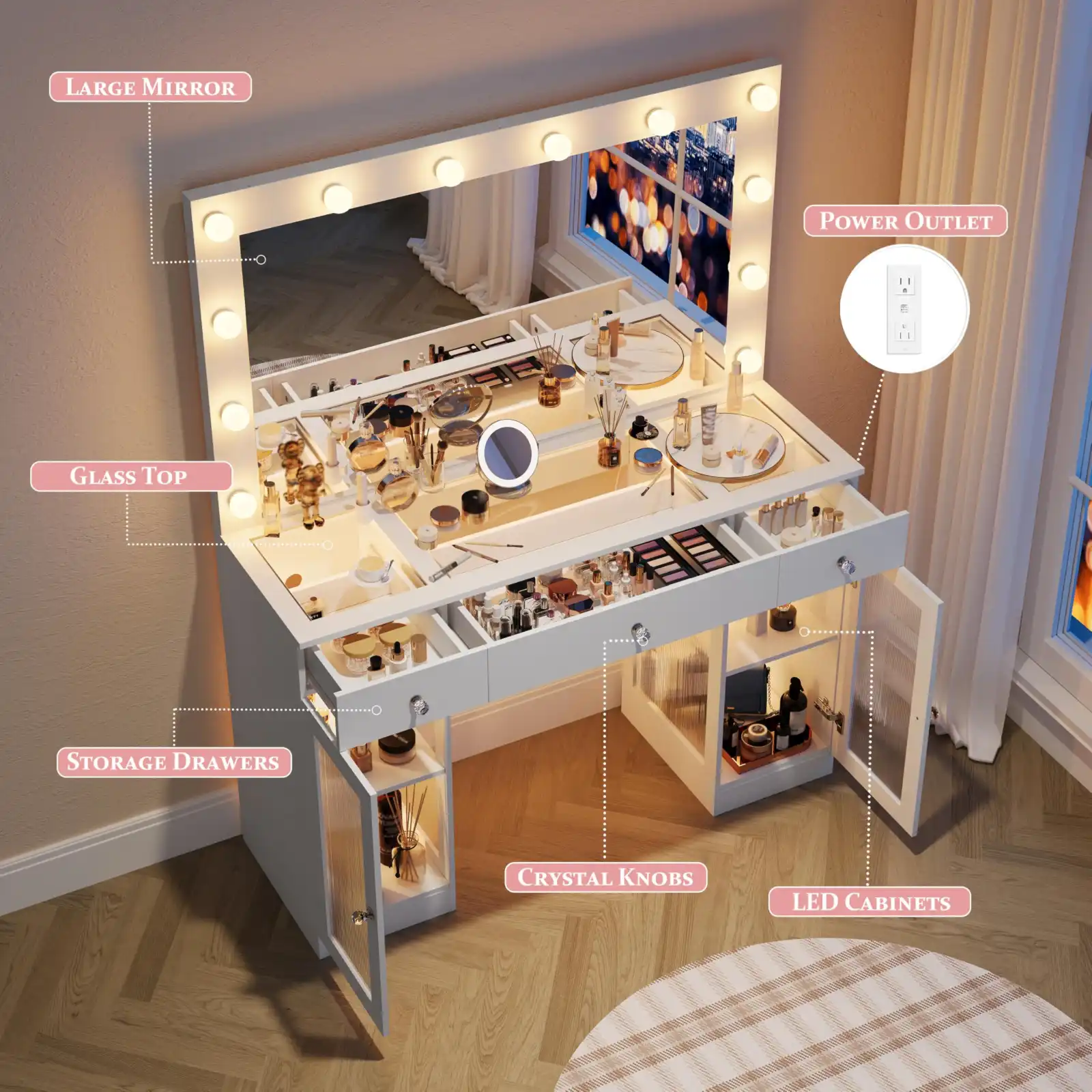 Vanity Desk with Large Mirror and Lights features