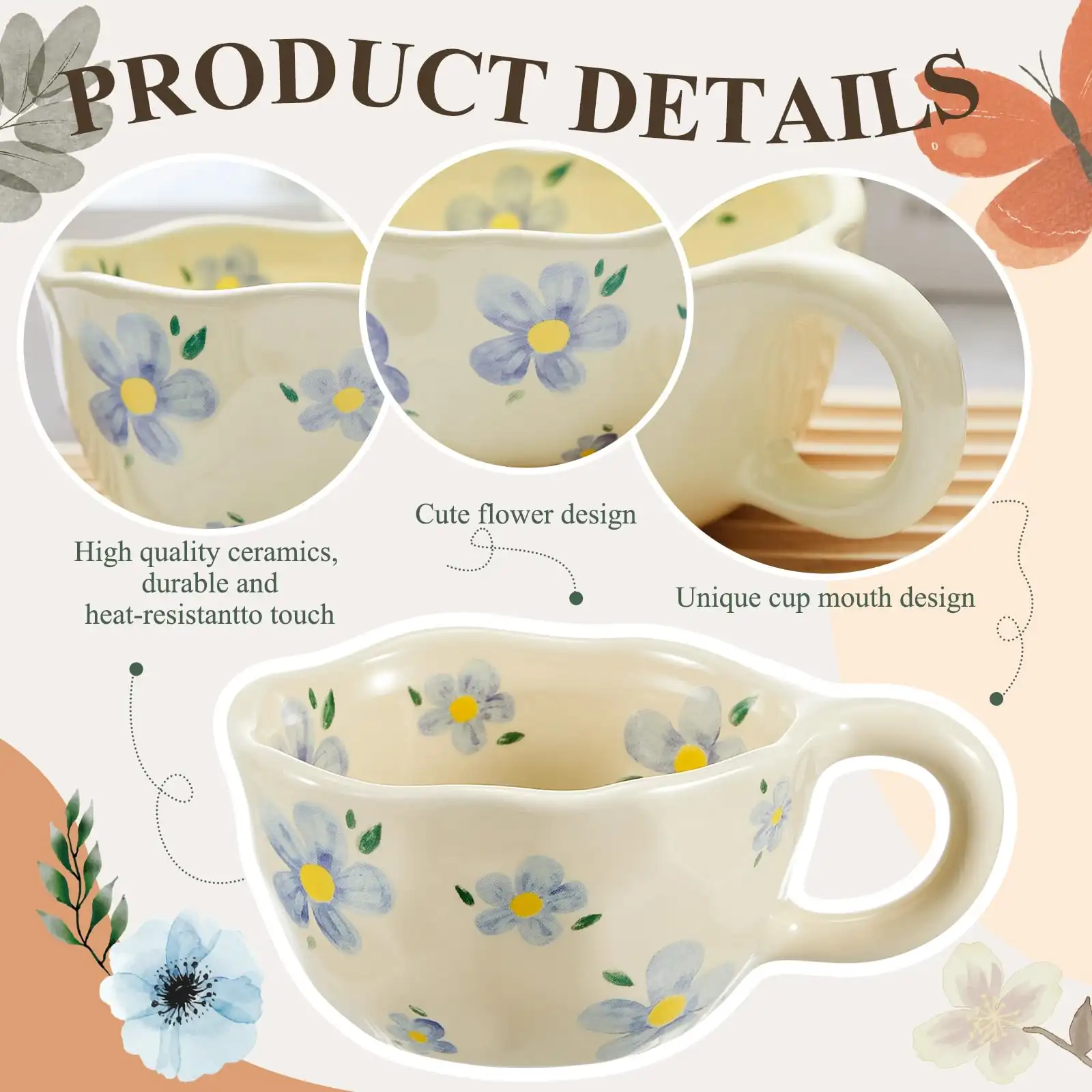 Vesici 4 Pack Ceramic Flower Coffee Mug with Spoon features
