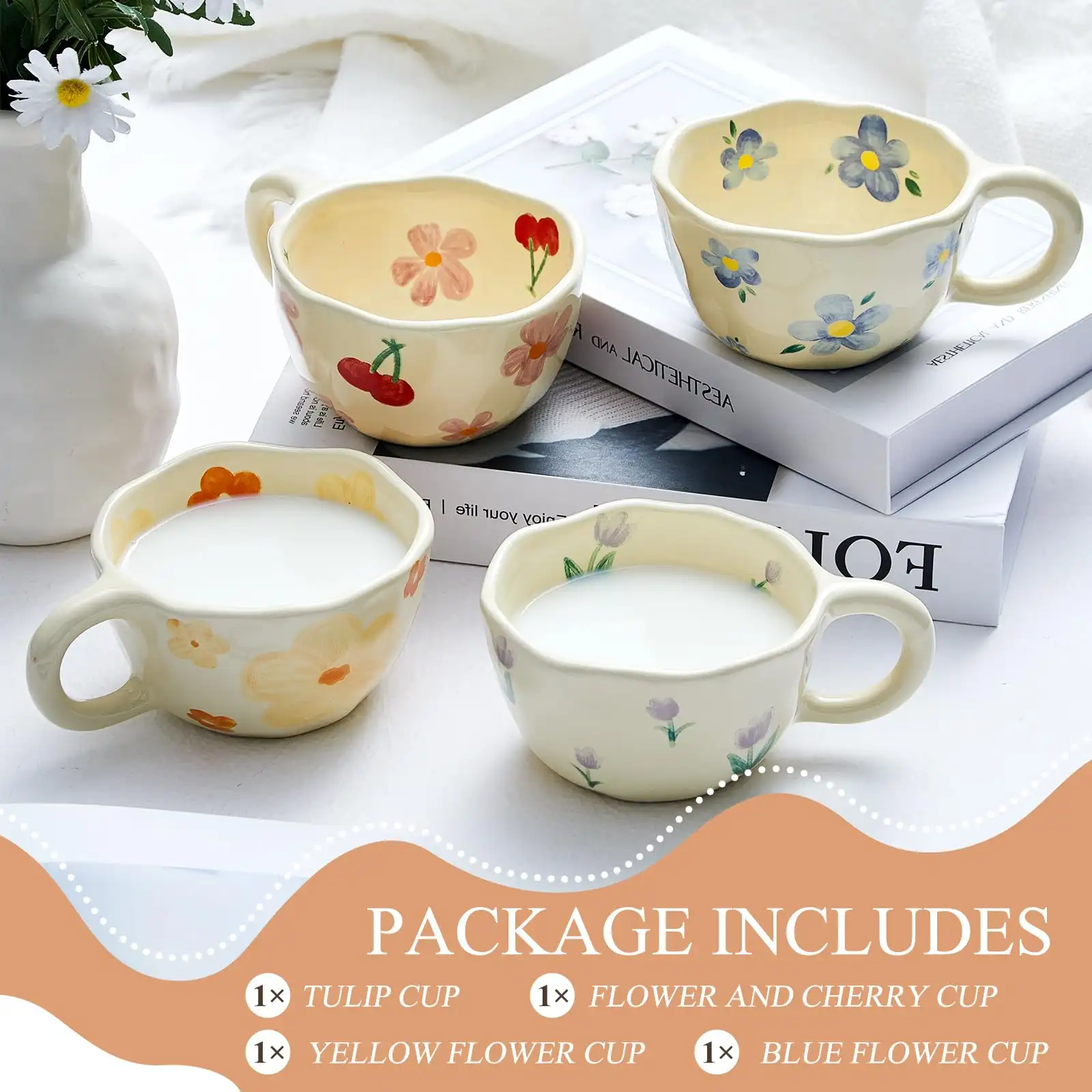 Vesici 4 Pack Ceramic Flower Coffee Mug with Spoon showcase