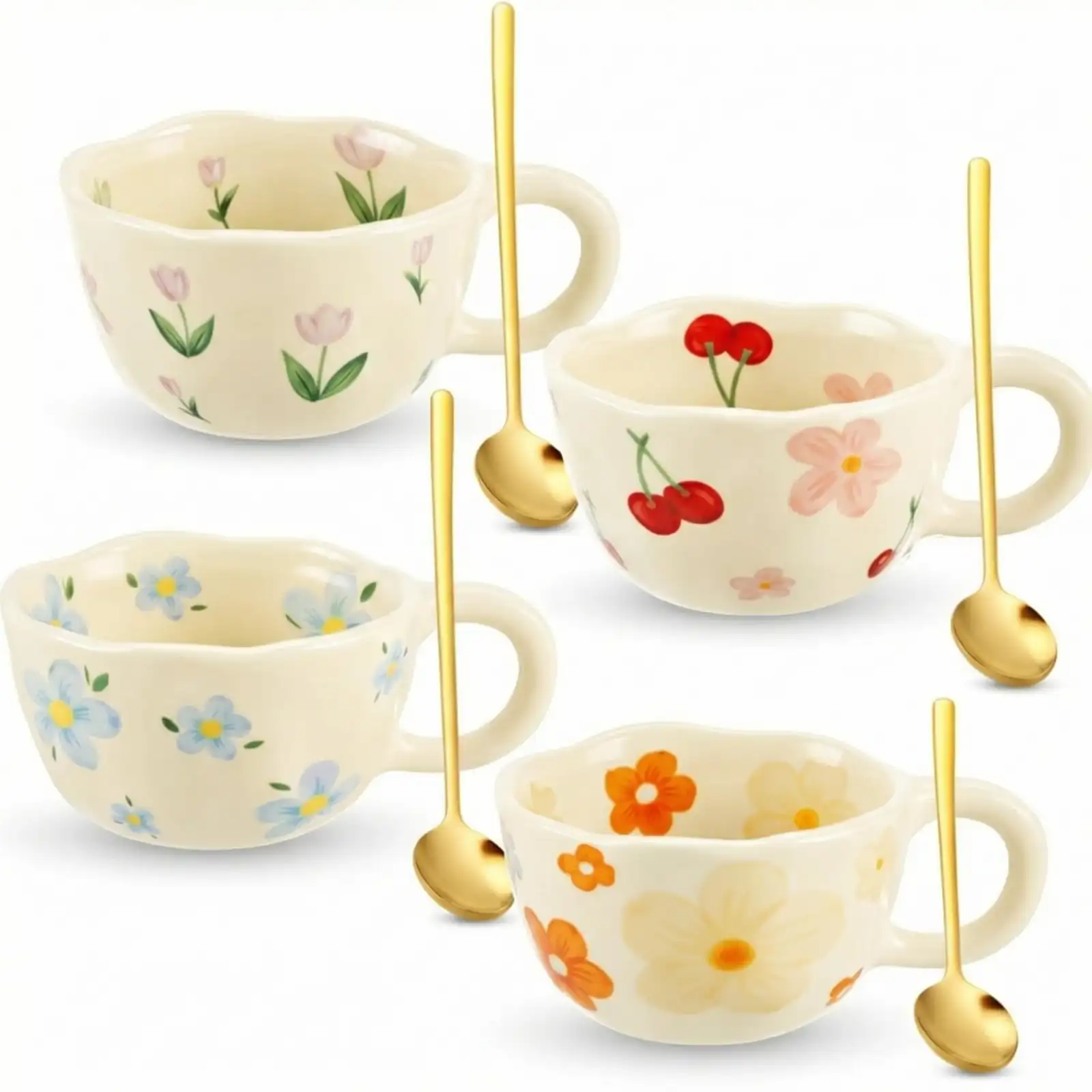 Vesici 4 Pack Ceramic Flower Coffee Mug with Spoon unboxing