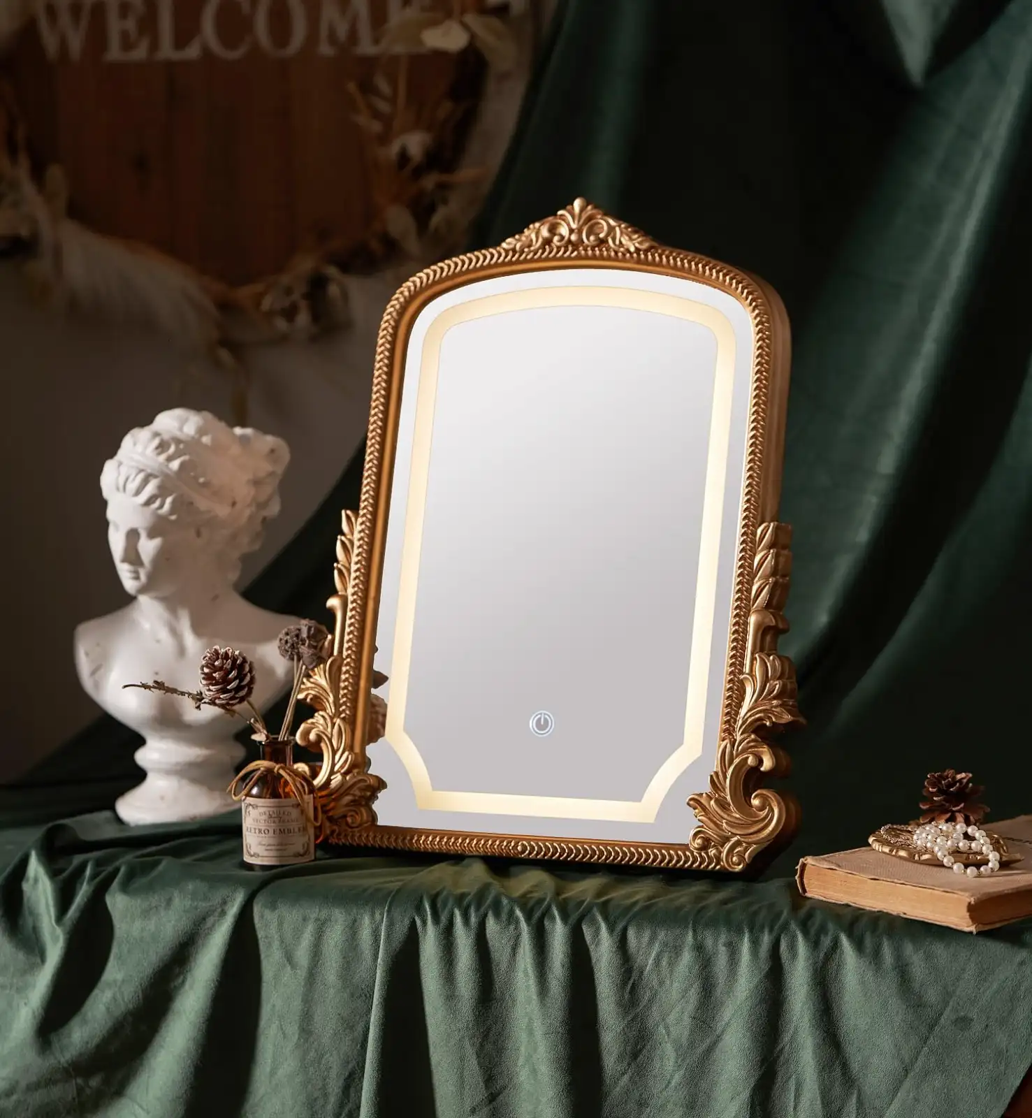 Vintage Vanity Mirror with Three-Color Lighting, Antique Gold Carved detail