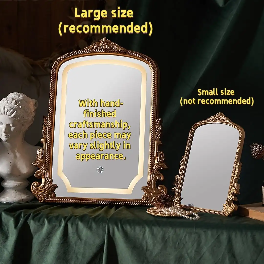 Vintage Vanity Mirror with Three-Color Lighting, Antique Gold Carved features