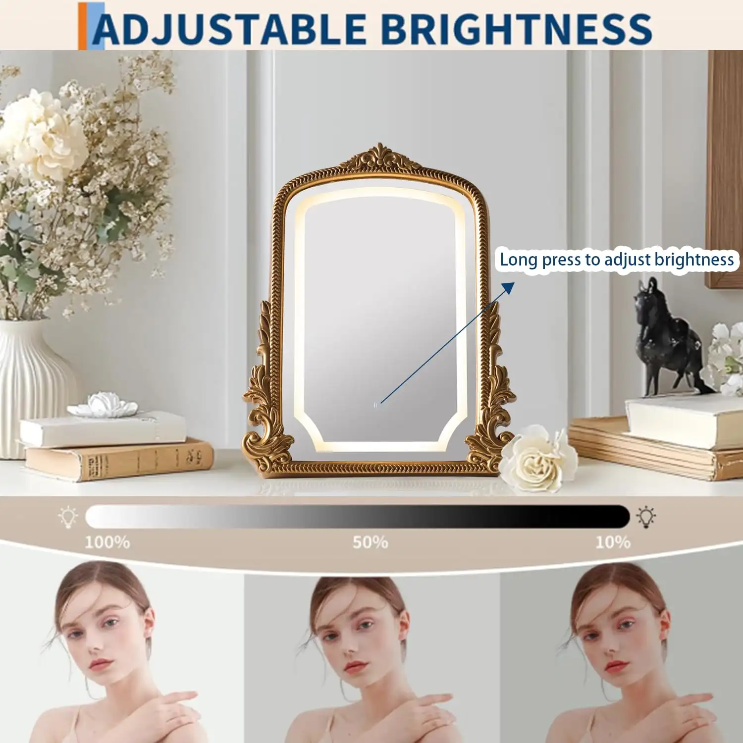 Vintage Vanity Mirror with Three-Color Lighting, Antique Gold Carved results