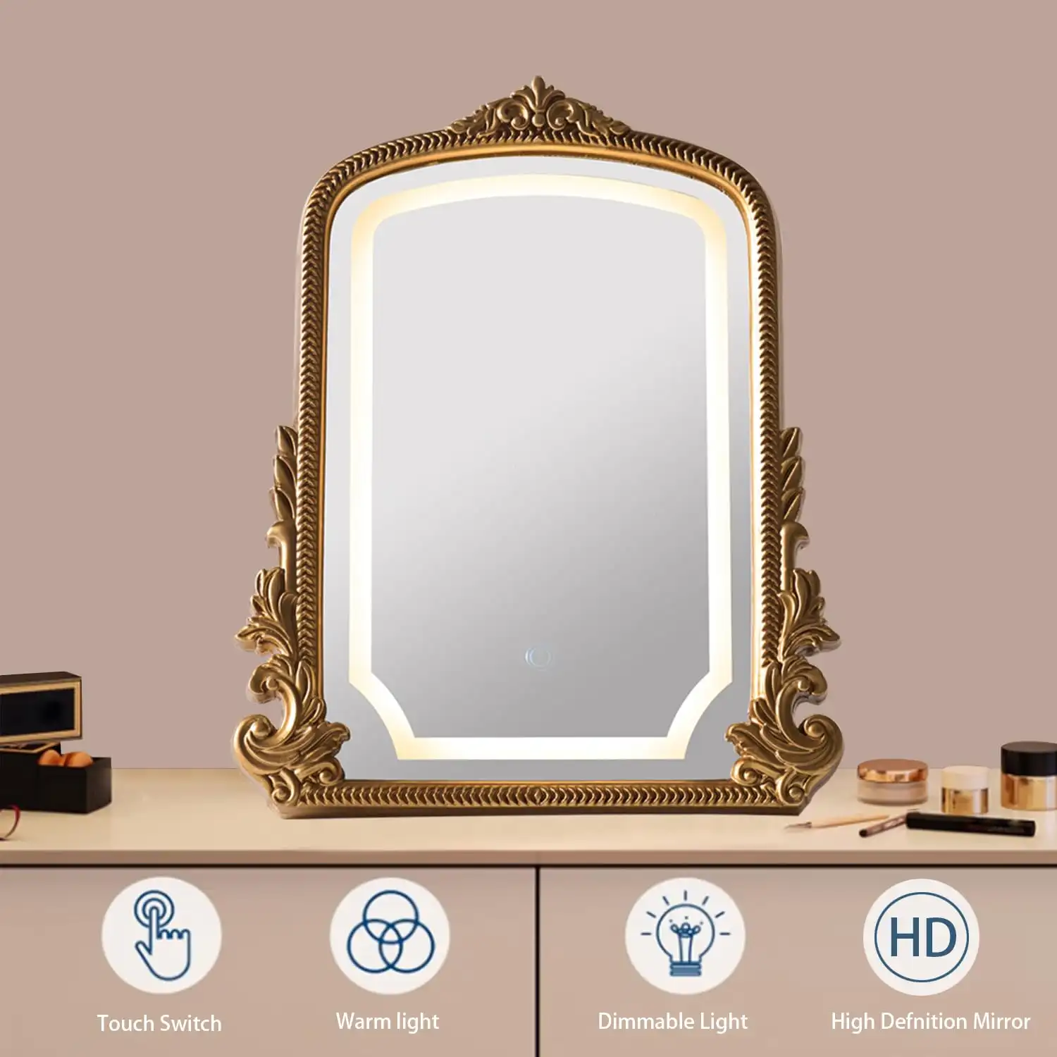 Vintage Vanity Mirror with Three-Color Lighting, Antique Gold Carved unboxing