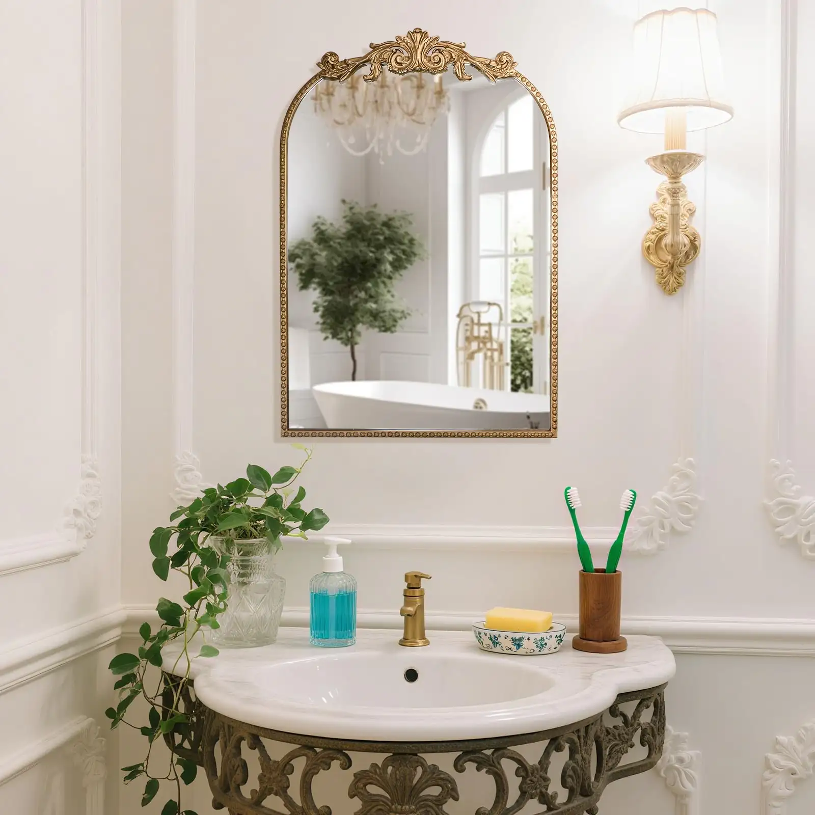 Wall Mount Baroque Arched Mirror, Antique Gold Metal Frame detail