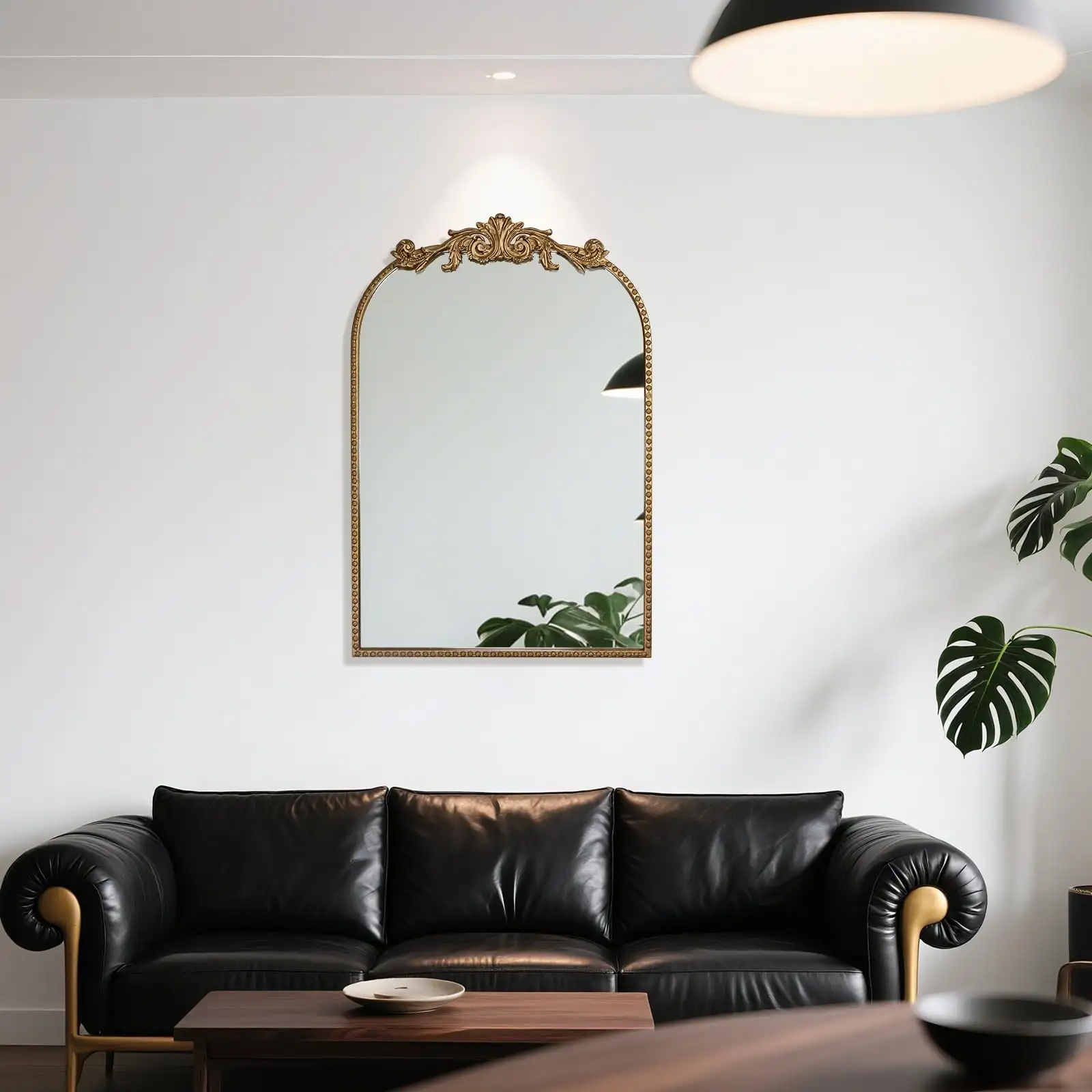 Wall Mount Baroque Arched Mirror, Antique Gold Metal Frame features