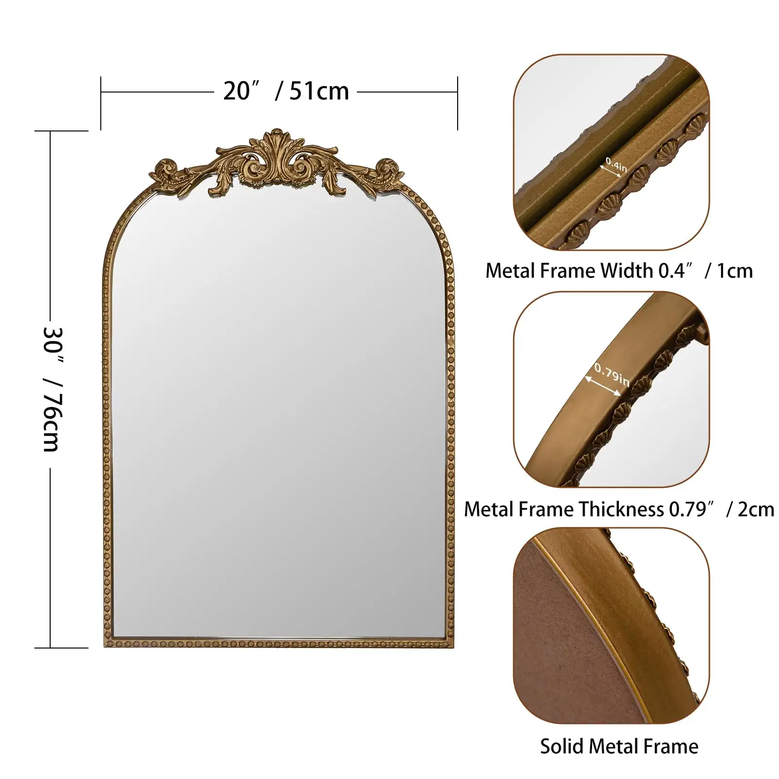 Wall Mount Baroque Arched Mirror, Antique Gold Metal Frame showcase