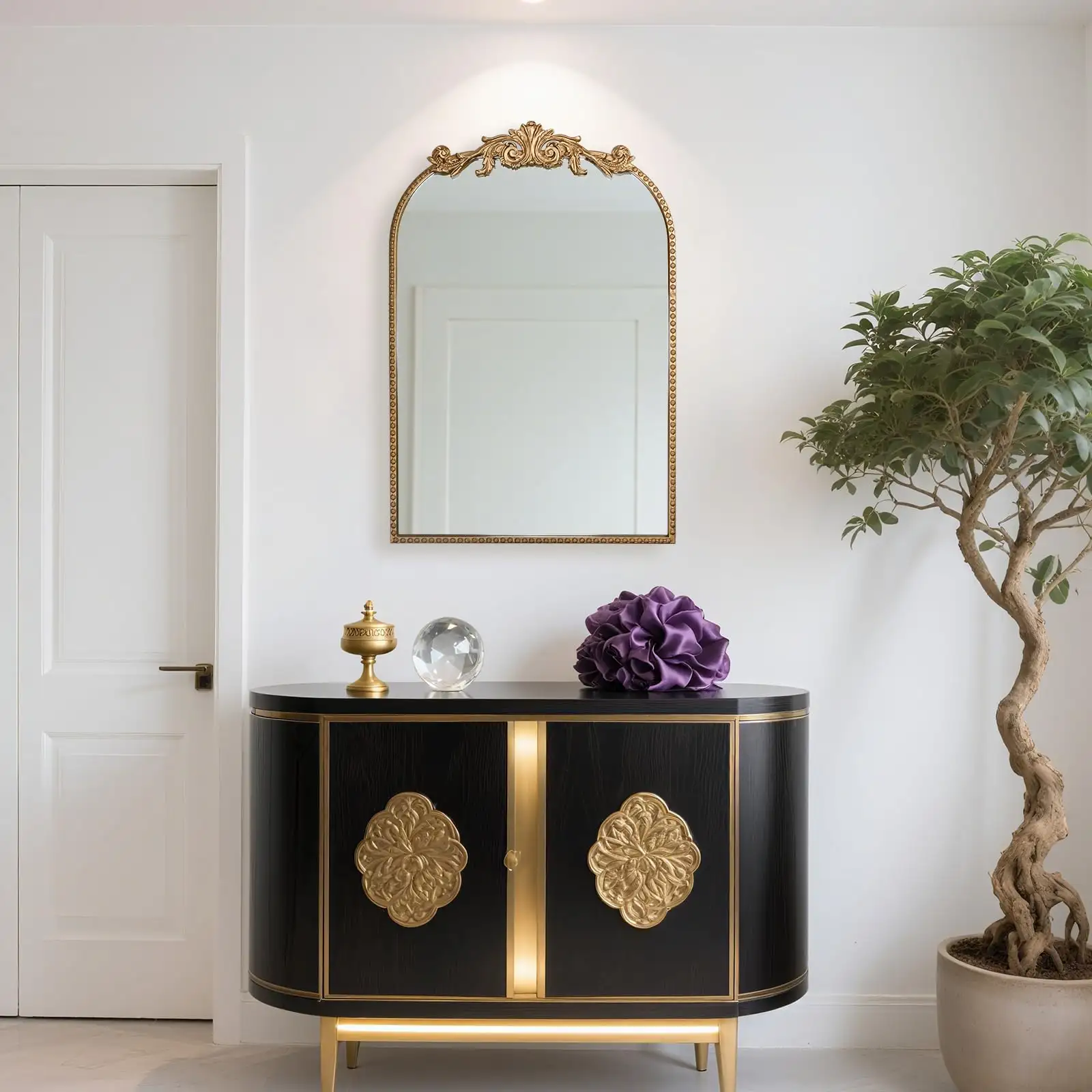 Wall Mount Baroque Arched Mirror, Antique Gold Metal Frame texture