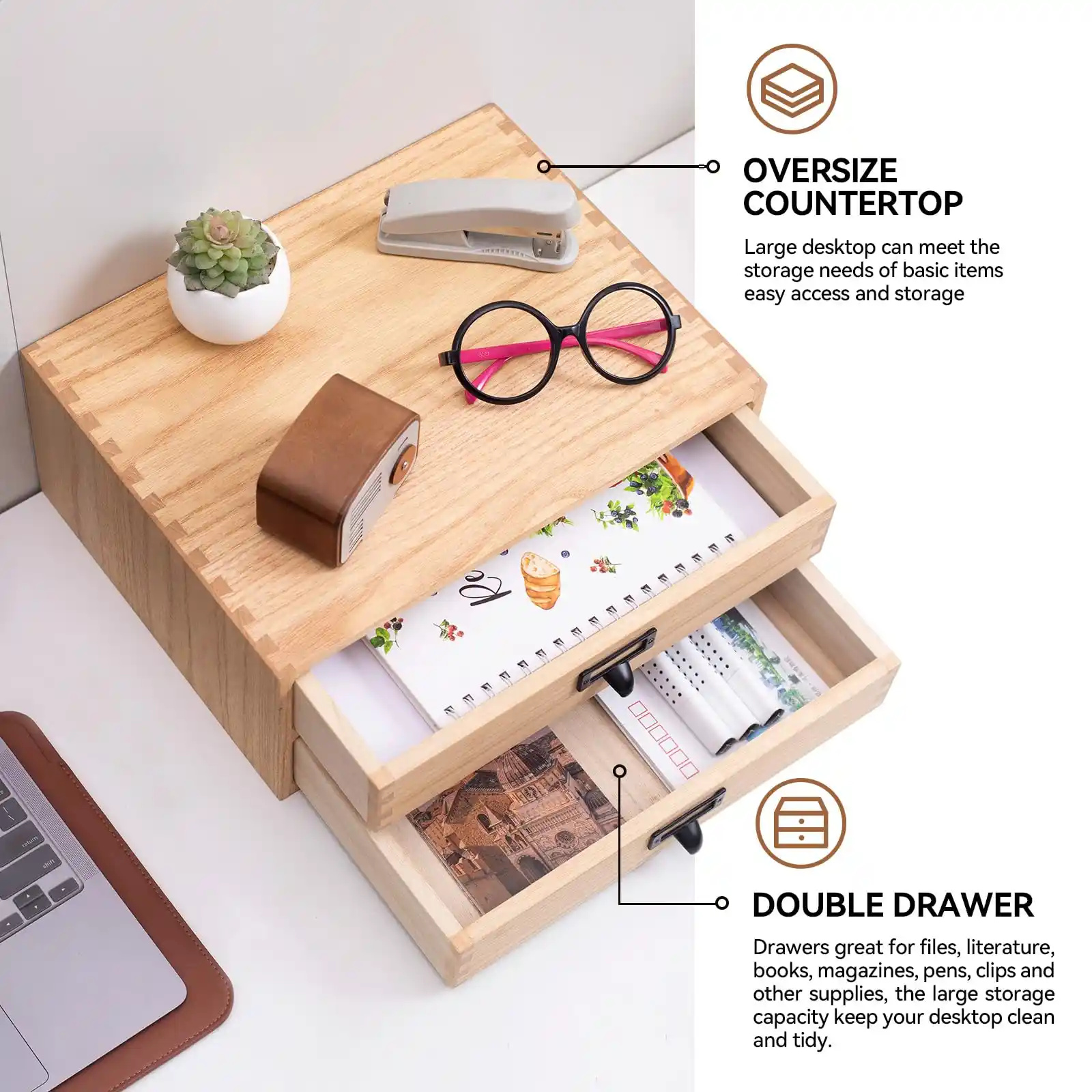 Wooden Desk Organizer with 2 Drawers detail