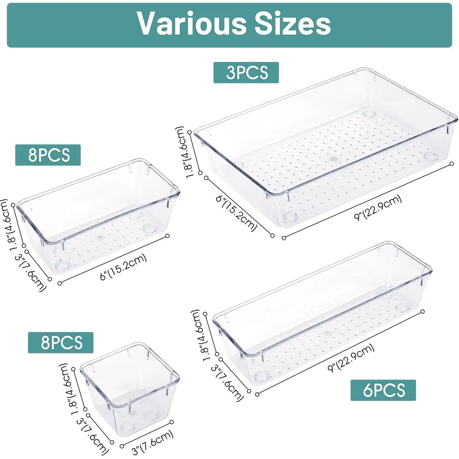 WOWBOX 25 PCS Clear Plastic Drawer Organizer Set, 4 Sizes showcase