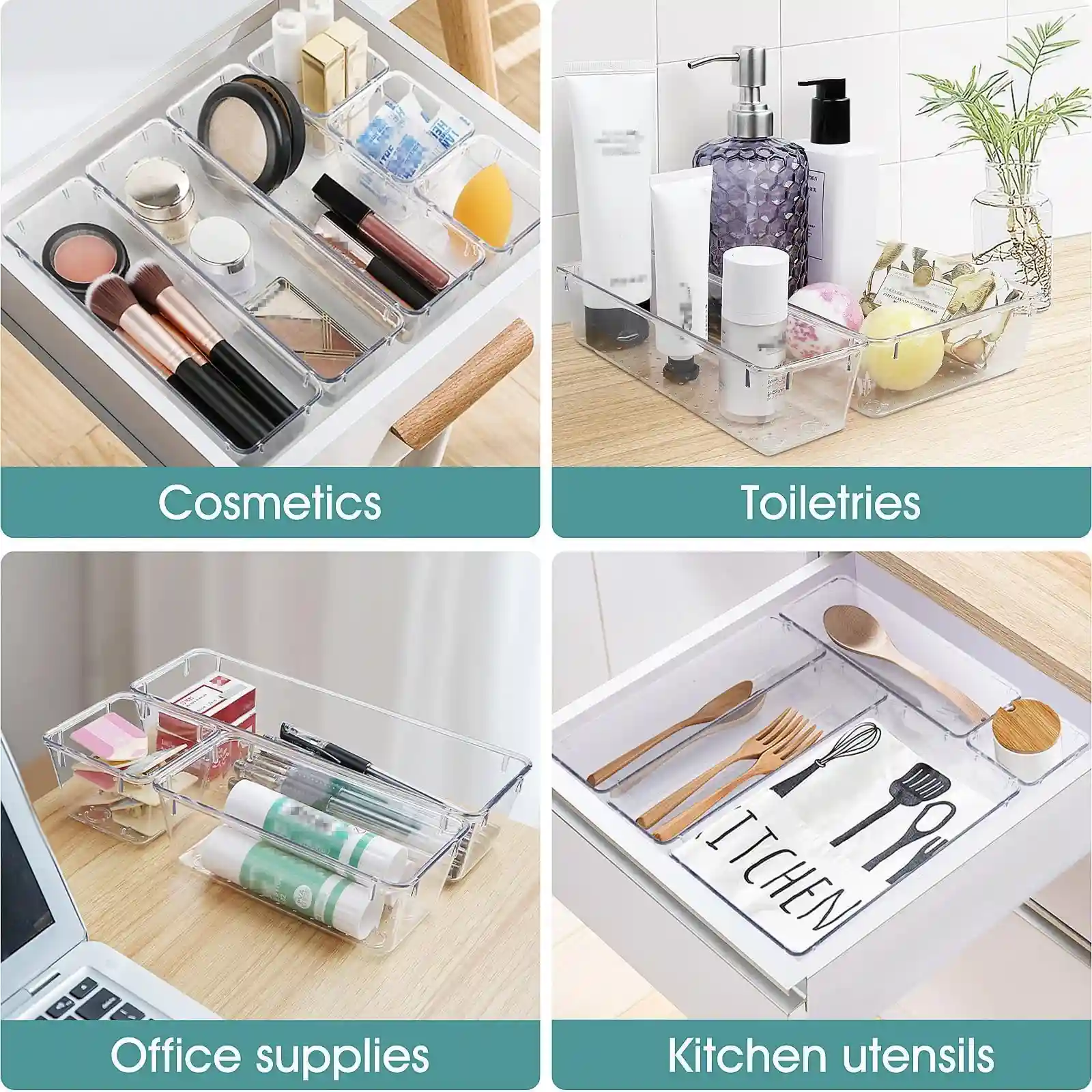 WOWBOX 25 PCS Clear Plastic Drawer Organizer Set, 4 Sizes unboxing