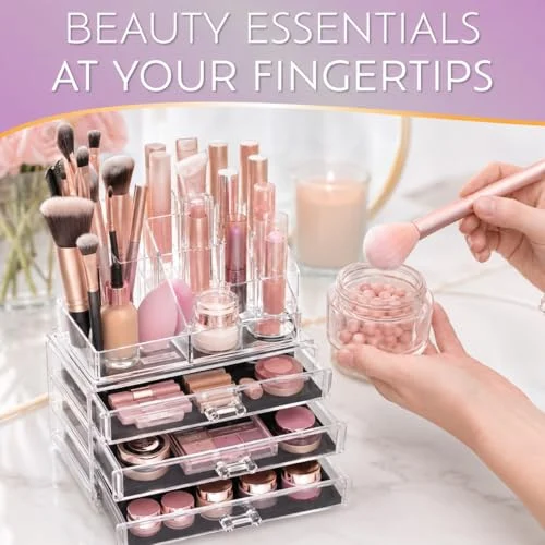 Acrylic Makeup Organizer for Vanity with Drawers and Display Case features