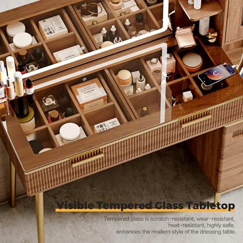 Arulvmrn Lighted Makeup Vanity Desk – Modern Storage with Mirror and Lights features