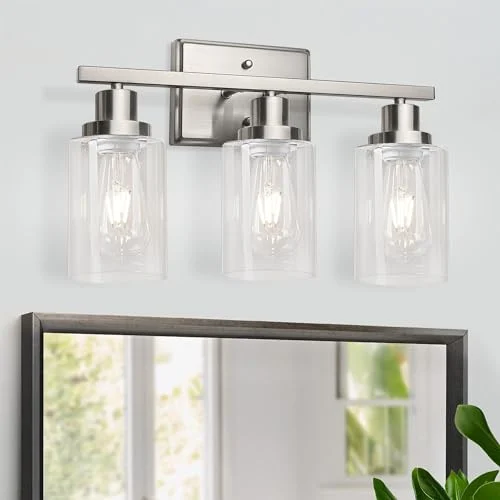 Brushed Nickel Bathroom Vanity Light Fixtures with Clear Glass Shades detail