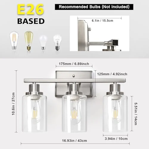 Brushed Nickel Bathroom Vanity Light Fixtures with Clear Glass Shades results
