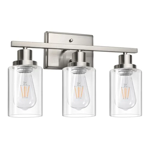 Brushed Nickel Bathroom Vanity Light Fixtures with Clear Glass Shades review