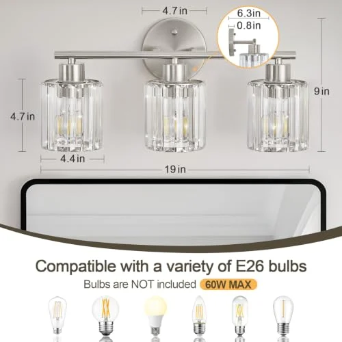 Brushed Nickel Crystal Bathroom Light Fixtures for Vanity Spaces detail