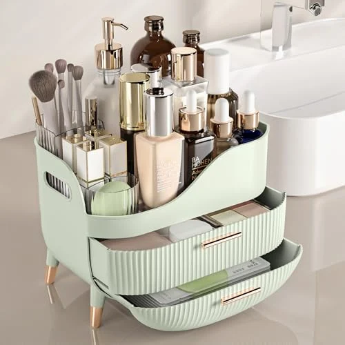 Green Makeup Organizer with Drawers for Stylish Bathroom Storage detail