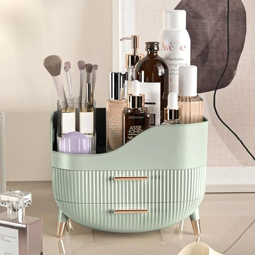Green Makeup Organizer with Drawers for Stylish Bathroom Storage unboxing