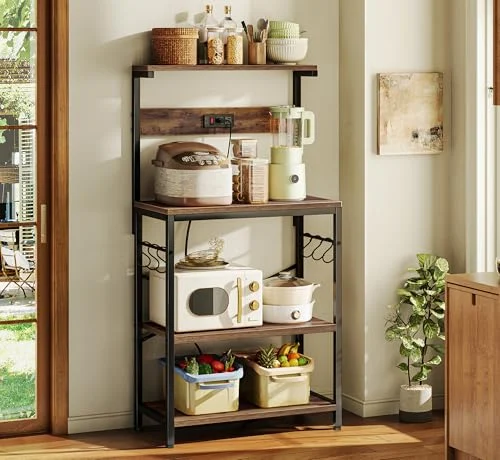 Kitchen Bakers Rack with Power Outlet and 4 Tiers for Rustic Storage detail