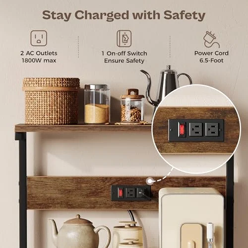 Kitchen Bakers Rack with Power Outlet and 4 Tiers for Rustic Storage features