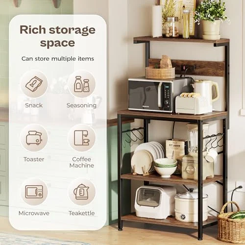 Kitchen Bakers Rack with Power Outlet and 4 Tiers for Rustic Storage unboxing