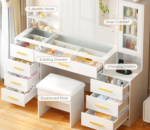 Large Vanity Desk with Glass Top, Mirror, and 8 Drawers detail