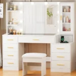 Large Vanity Desk with Glass Top, Mirror, and 8 Drawers