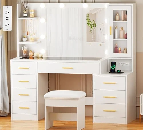 Large Vanity Desk with Glass Top, Mirror, and 8 Drawers review