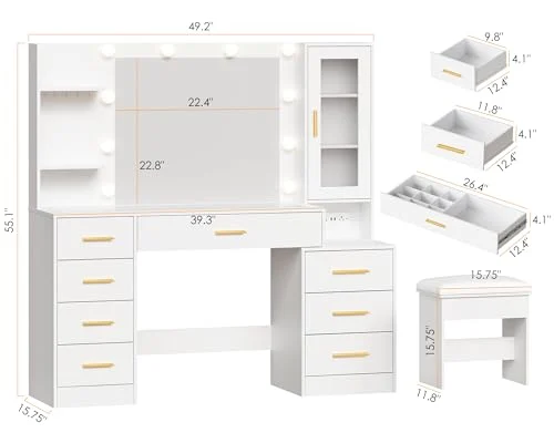 Large Vanity Desk with Glass Top, Mirror, and 8 Drawers unboxing