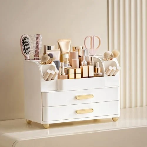 Large White Makeup Organizer with Brush Holder for Easy Access detail