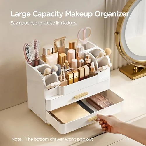 Large White Makeup Organizer with Brush Holder for Easy Access features